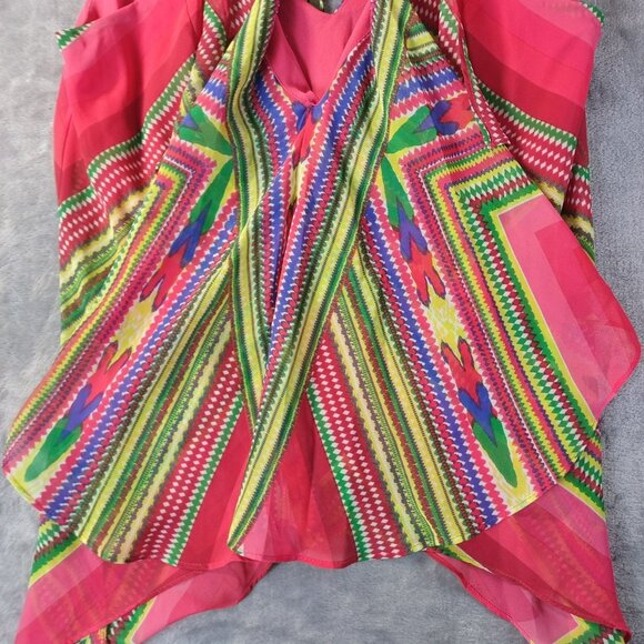 Rampage Womens Top M Pink Tribal Print Tassel Hem Sheer Festival Y2K Boho Layers - Picture 6 of 12